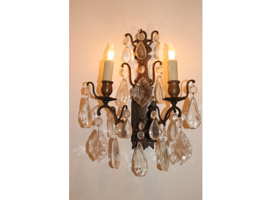 Pair Of Electrified Brass & Crystal 2 Arm Wall Sconces