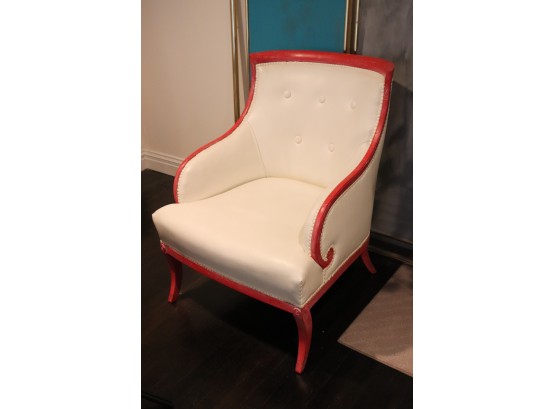 Retro Empire Style Armchair In Cream Naugahyde & Painted Wood Frame