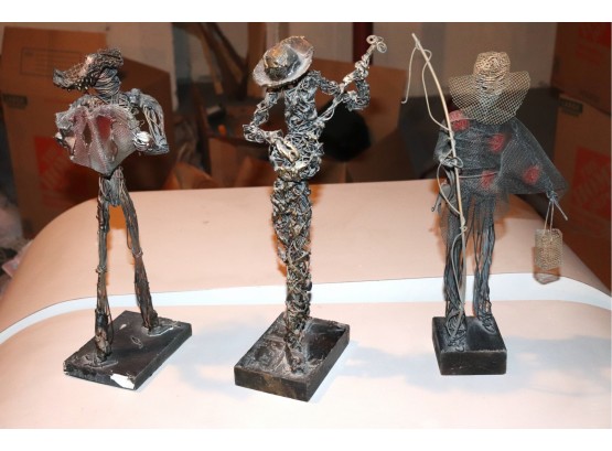Set Of 3 Metal Wire Figural Sculptures  Fisherman, Banjo Player & Reader