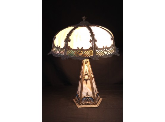 Working Antique Victorian Slag Glass Table Lamp With Brass Finish