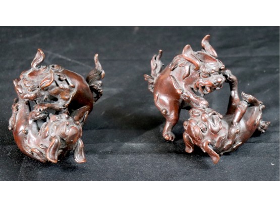 Pair Of Carved Bronze Playful Foo Dog Figure Bookends