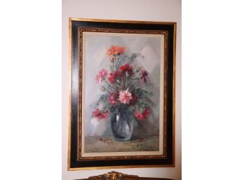 Highly Textured Oil On Canvas Still Life Of Floral Bouquet In Gold & Black Painted Frame