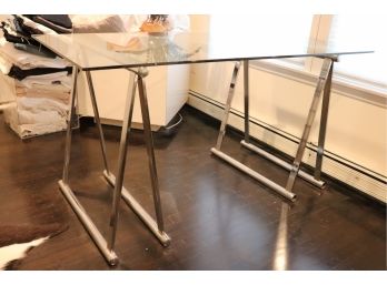 Mid-Century Modern Glass Top Chrome Finished Sawhorse Table/Desk