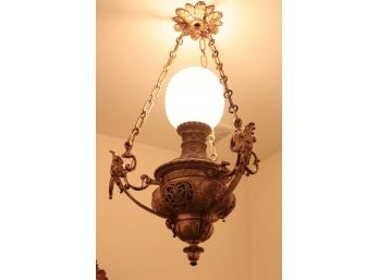 Antique Electrified Brass Oil Lamp Chandelier