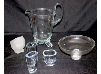 Assorted Glass Decorative Accessories  Footed Bowl, Pitcher And Etched Bud Vases