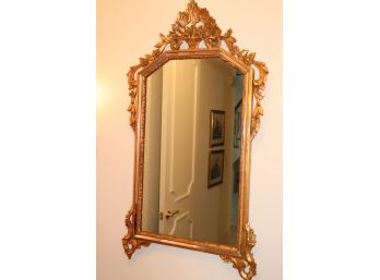 Antique Gilded Italian Wood Wall Mirror With Mirrored Edge Frame & Bouquet Crest