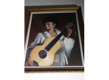 Signed Painting Of Guitar Player In Ornate Gold Painted Frame
