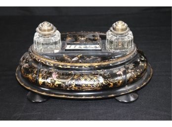 Antique Ornate Victorian Inkwell With Black Lacquer Finish & Mother Of Pearl Inlay