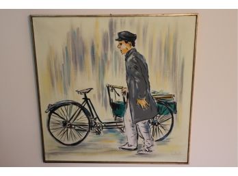 Vintage Signed Oil On Canvas Of Postman In Gold Gallery Frame