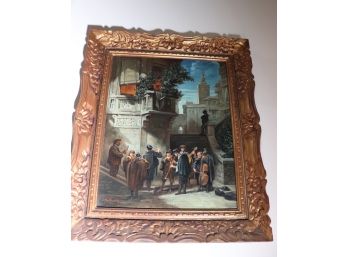 Signed Kaufmann Impromptu Orchestra In Street Painting In Gilded Carved Wood Frame