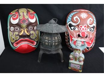 Pair Of Hand Painted Noh Face Masks, Cast Iron Japanese Lantern & Hand Painted Figurine