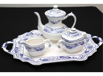 Classic Danish Inspired White & Blue Tea Service Tray With Teapot, Sugar & Creamer