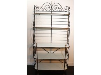 Vintage Brass & Wrought Iron Bakers Rack With 5 White Milk Glass Shelves