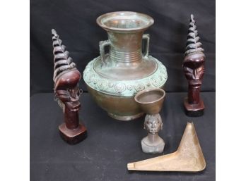 Carved African Wood Heads And Assorted Brass/Bronze Accessories