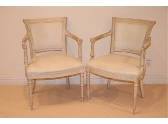 Pair Of Vintage Regency Style Off White Finished Wood Armchairs In Moir Naugahyde