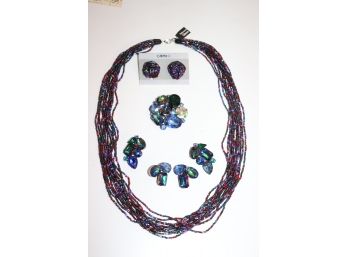 Rich Jewel Toned Vintage Unused Costume Jewelry  Necklace, Broach, & Earrings