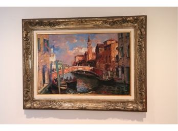 Signed Highly Textured Oil Painting Of Venetian Canal In Ornate Gilded Frame