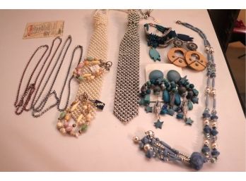 Assorted Blue & Metallic Vintage Unused Costume Jewelry  7 Necklaces, 5 Bracelets & More