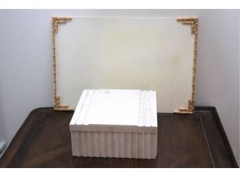 Cream Colored Desk Blotter With Gold Finished Bamboo Trim & Limestone Covered Box