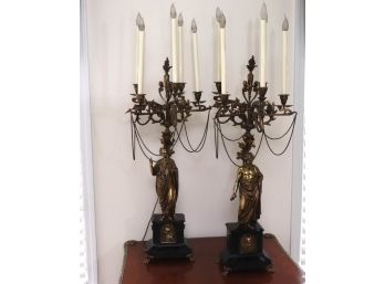 Pair Of Neoclassical Style Bronze & Black Onyx 5 Arm Table Candelabras