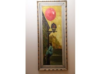 Signed Oil On Canvas Depicting Child With Red Balloon On Lamppost In Rustic Wood Frame