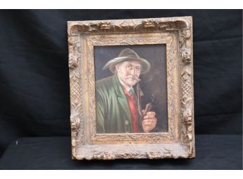 Signed Portrait Of Austrian Man With Pipe In Antiqued Frame