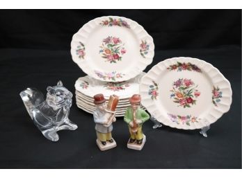 Set Of 10 Floral Limoges Canape Plates, Glass Squirrel & Pair Of Painted Porcelain Figurines