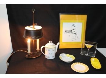 Vintage Toile Table Lamp & Assorted Yellow Themed Decorative Accessories