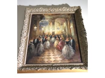 Highly Textured Oil Painting Of Dance Scene In Ballroom With An Ornate Gilded Frame