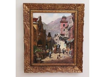 Signed Kaufmann Oil On Canvas Of Bavarian Town In Ornate Gilded Wood Frame