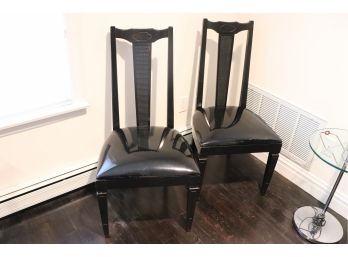Pair Of Black Painted Dining Chairs With Black Patent Leather Upholstered Seat