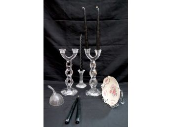 Pair Of Bohemia Czech Republic Crystal Candlesticks & Assorted Decorative Accessories