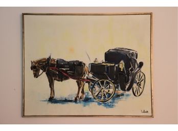 Vintage Signed Oil On Canvas Of Horse Drawn Carriage In Gold Gallery Frame