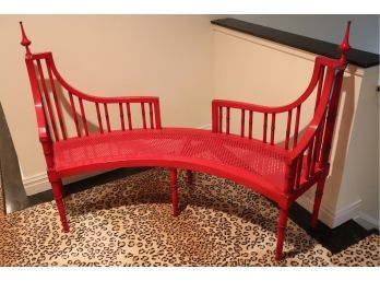 MCM Red Lacquered Curved Bench With Faux Bamboo Details & Caned Seat