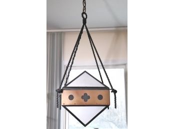 Vintage Mission Style Wrought Iron & Metal Lantern Chandelier With Milk Glass