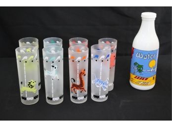 Set Of 8 Frosted & Painted Tom Collins Glasses And Painted Glass Bottle