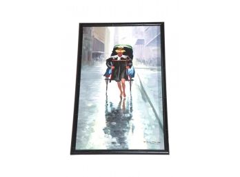 Signed Painting Of Hong Kong Rickshaw Street Scene In Black Bamboo Style Frame