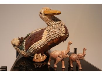 Vintage Shell Encrusted Duck & Pair Of Carved Wood Elephants
