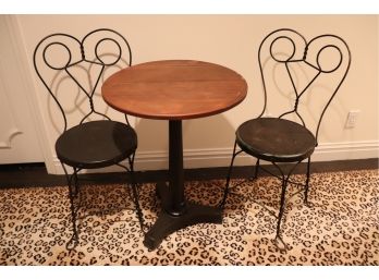 Vintage Ice Cream Parlor Set  Wood Top & Metal Pedestal Table With 2 Dining Chairs