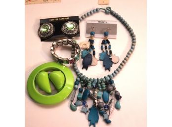 Blue & Green Vintage Unused Costume Jewelry  3 Pairs Of Earrings, 2 Bracelets & Necklace