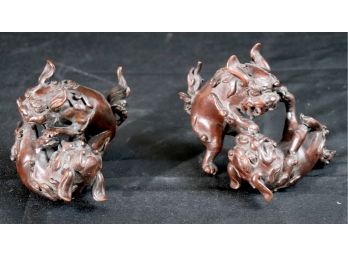 Pair Of Carved Bronze Playful Foo Dog Figure Bookends