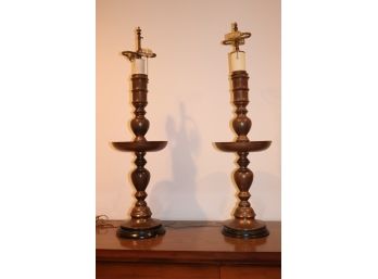 Pair Of Matching Companion Engraved Brass Altar Style Table Lamps