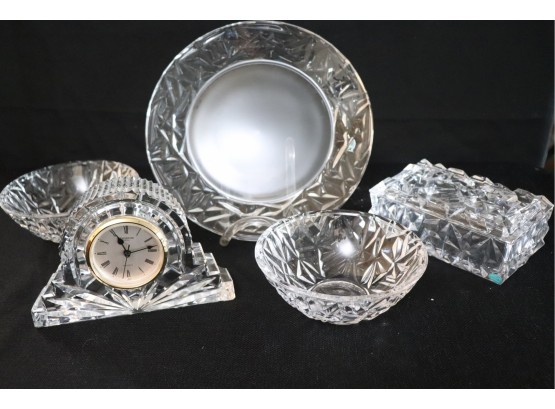 Tiffany & Co & Waterford Collection - Waterford Clock, Tiffany Crystal Trinket Box, 2 Tiffany Bowls & Plate