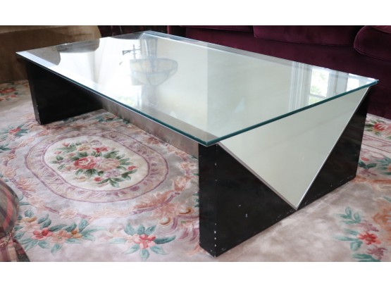 Vintage Italian Made Glass Cocktail Table Encased In A Metal And Wood Frame - Very Unique Piece