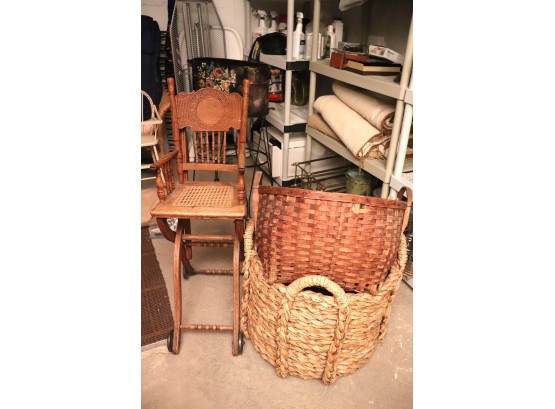 Antique Wood High Chair, Large Woven Basket & Woven Rush Basket Chair Converts To Stroller