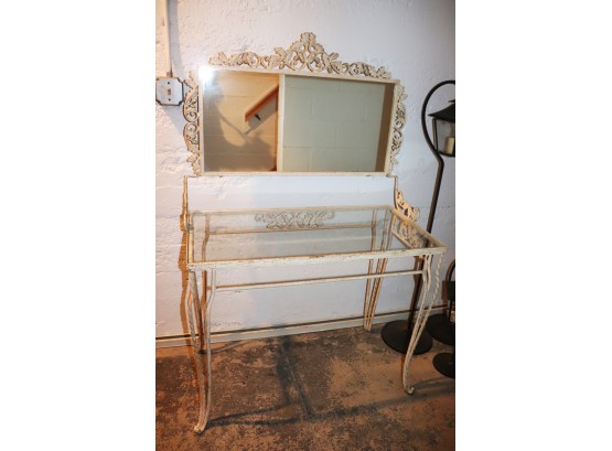Beautiful Antique Wrought Iron Vanity Table With Glass Insert And Attached Mirror.
