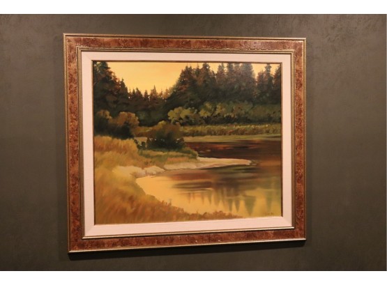 Decorative Print Of Landscape & Water Signed By Tina Ray With Beautiful Earth Tones