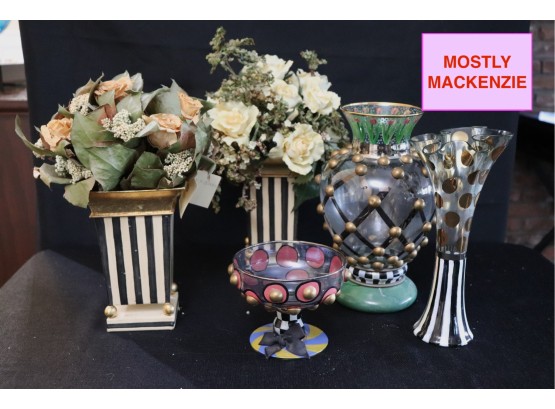 Mackenzie Childs Collection - Beautiful Vase, Sorbet Dish ,Black/Gold & A Pair Of Faux Floral Accents By MEO