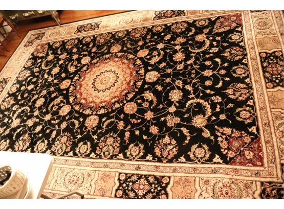 Quality Machine Made Wool Rug 14 Feet X 10 Feet Enriched Tones Of Black Gold Cream And Burgundy