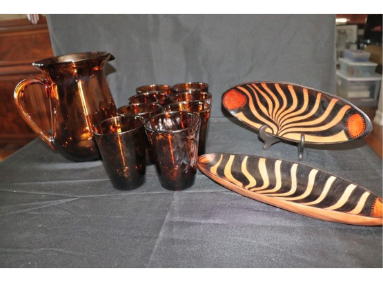 Dark Leopard Print Colored Water Pitcher With Glasses & Handmade Wooden Plates From Zimbabwe